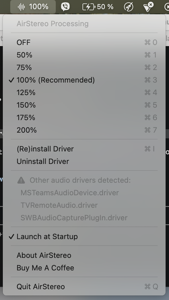 AirStereo menu bar app showing processing levels from OFF to 200%